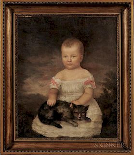 American School, 19th Century  Portrait of a Child with a Gray Cat