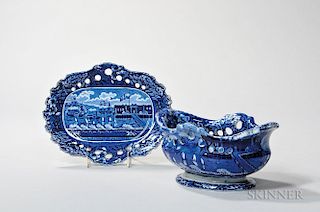 Staffordshire Historical Blue Transfer-decorated Landing of Lafayette Fruit Bowl and Undertray