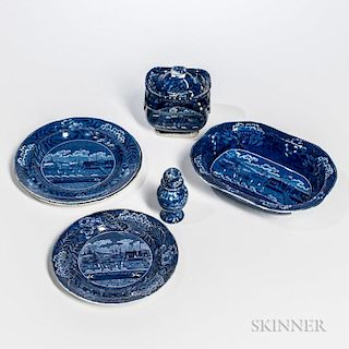 Six Staffordshire Historical Blue Transfer-decorated Landing of Lafayette Table Items