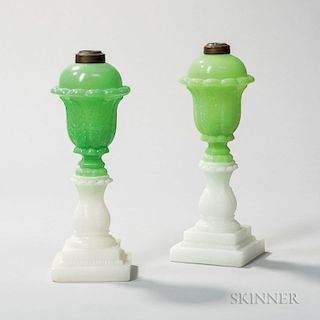 Two Green and Clambroth Pressed Glass Acanthus Leaf Lamps