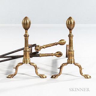 Pair of Bell Metal and Iron Lemon-top Andirons and Matching Tools