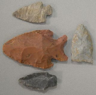 Four Indian arrowheads to include "Side Notch #2", "Greenfield #1", "Greenfield #3", and "Side Notch #3". lg. 1 3/8in. to 2 3