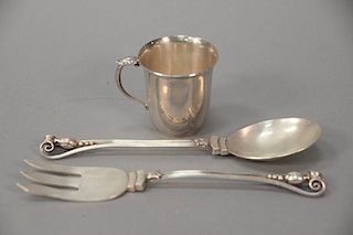 Three piece lot to include Georg Jensen sterling silver salad serving spoon and fork, similar to Blossom pattern. lg. 9 1/2in