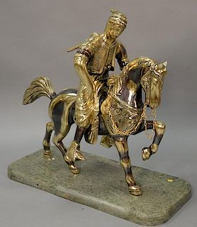 Large contemporary brass horse with rider on marble base, ht. 32in., lg. 34in., dp. 15in.