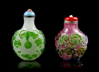 Two Peking Glass Snuff Bottles, Height of taller 2 1/8 inches.