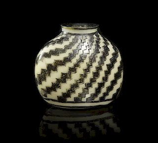 A Black and White Porcelain Snuff Bottle, Width 1 7/8 inches.