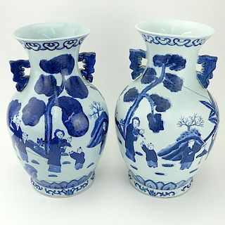 Pair of Mid Century Blue and White Chinoiserie Porcelain Vases