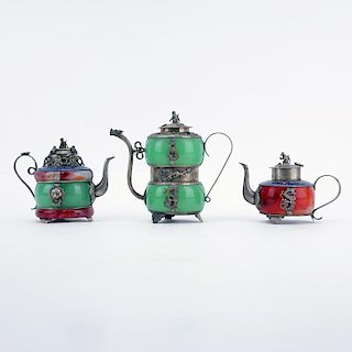 Three (3) Vintage Chinese White Metal, Carnelian, Jade and Enamel Water Droppers