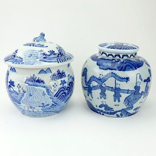 Two (2) Mid Century Blue and White Chinoiserie Porcelain Covered Jars