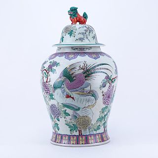 Large Chinese Famille Rose Porcelain Covered Urn with Foo Dog Finial