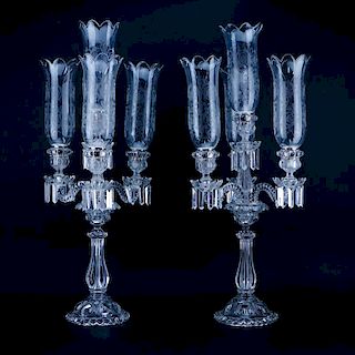 Pair of Antique Baccarat Moulded Glass 3 Light Candelabra with Etched Glass Shades and Hanging Prisms