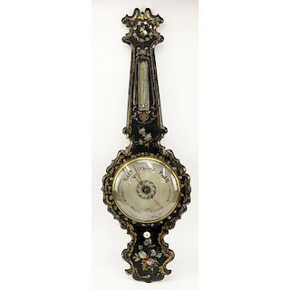 Victorian Inlaid Mother Of Pearl Painted Barometer With Thermometer