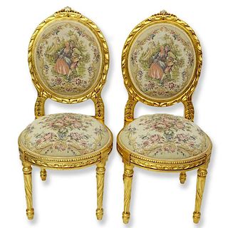 Pair of 20th Century Louis XVI Style Giltwood and Upholstered Balloon Back Chairs
