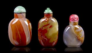 Three Agate Snuff Bottles, Height of tallest 2 3/8 inches.