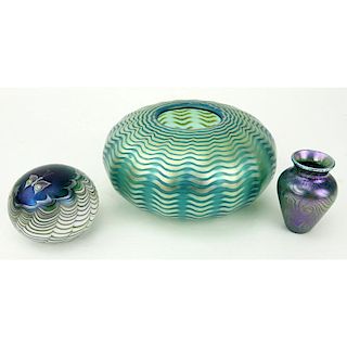 Three (3) Pieces Art Glass Including Lundberg Paperweight, Lundberg small vase, signed round vase