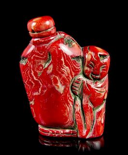 A Coral Snuff Bottle, Height overall 3 1/8 inches.