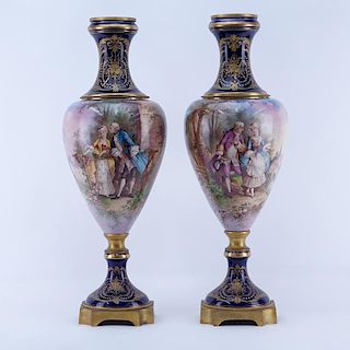 Pair of 19/20th Century Sevres Cobalt and Gilt Scroll Porcelain Urns as Lamps