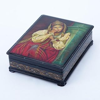 Vintage Russian Black Lacquer Hinged Paper Mache Box with Portrait