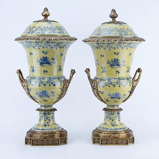 Pair of Modern French Style Gilt Brass Mounted and Porcelain Urns
