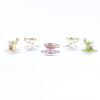Grouping of Five (5) Antique Sevres and German Handpainted Porcelain Cups and Saucers