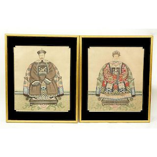 Pair Chinese Watercolors On Silk "Emperor & Empress"