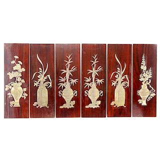 Set of Six (6) Vintage Asian Decorative Wood Panels With Inset Brass Flowers in urns motifs