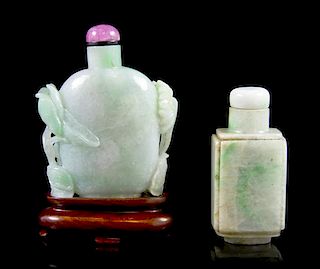 Two Carved Jadeite Snuff Bottles, Height of taller 2 3/8 inches.