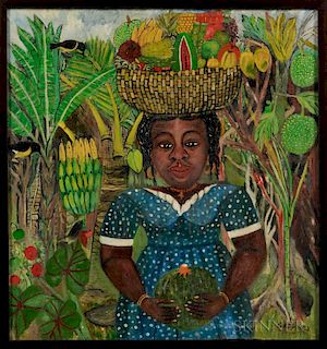 20th Century Caribbean School Oil on Canvas Depicting a Woman with Fruit Basket on Her Head, signed "Gregory" lower right, 23
