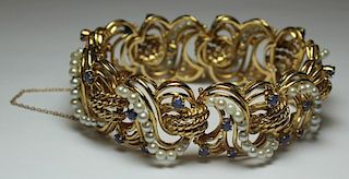 JEWELRY. 14kt Gold, Sapphire, and Pearl Bracelet.