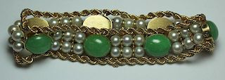 JEWELRY. 14kt Gold, Jade, and Pearl Bracelet.