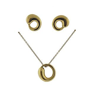 Tiffanyn&amp; Co Elsa Peretti 18K Gold Pendant Necklace Earrings