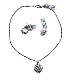 Effy 18K Gold Sterling Diamond Pendant Necklace Earrings Set