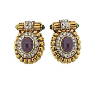 18K Gold Diamond Ruby Emerald Earrings