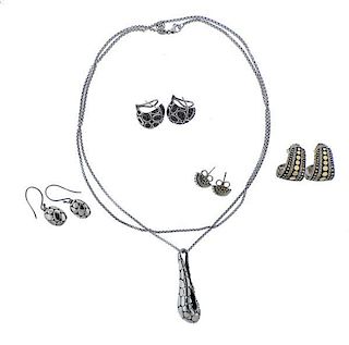 John Hardy 18K Gold Silver Black Stone Necklace Earrings Lot