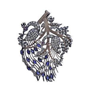 14K Gold Silver Diamond Peacock Brooch Pendant