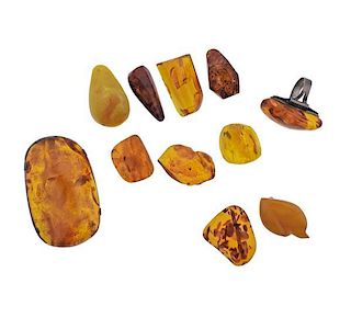 Silver Amber Brooch Ring 7 Loose Stone Lot