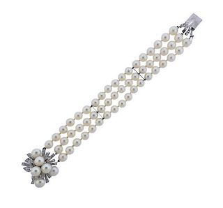 18K Gold Diamond Pearl 3 Strand Bracelet