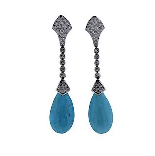 18K Gold Diamond Turquoise Dangle Earrings