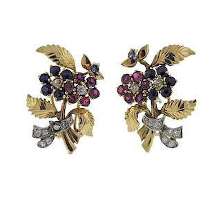 Retro 14K Gold Diamond Ruby Sapphire Flower Earrings