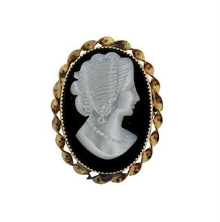10K Gold Carved MOP Hard Stone Cameo Brooch Pendant
