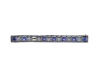 Art Deco Platinum Diamond Sapphire Bar Pin