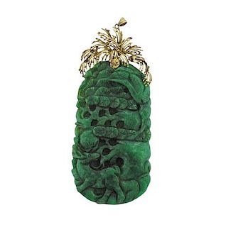 Large 14K Gold Carved Jade Pendant