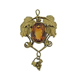 Art Nouveau 14K Gold Orange Gemstone Brooch Pendant
