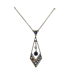 Antique 14K Gold Pearl Blue Stone Lavalier necklace