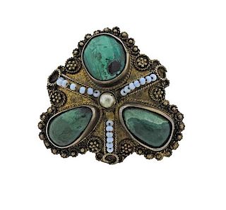Vintage Israel Sterling Green Gemstone Brooch Pendant