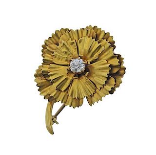 14K Gold Diamond Flower Brooch Pin