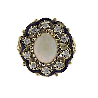 Antique 14K Gold Diamond Opal Enamel Ring