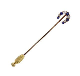 Antique 14K Gold Diamond Blue Gemstone Stick Pin
