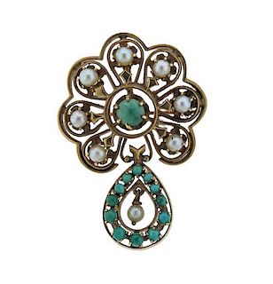 14K Gold Pearl Turquoise Drop Brooch Pendant