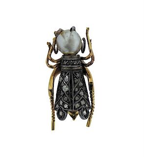 Antique 18K Gold Silver Diamond Pearl Insect Brooch